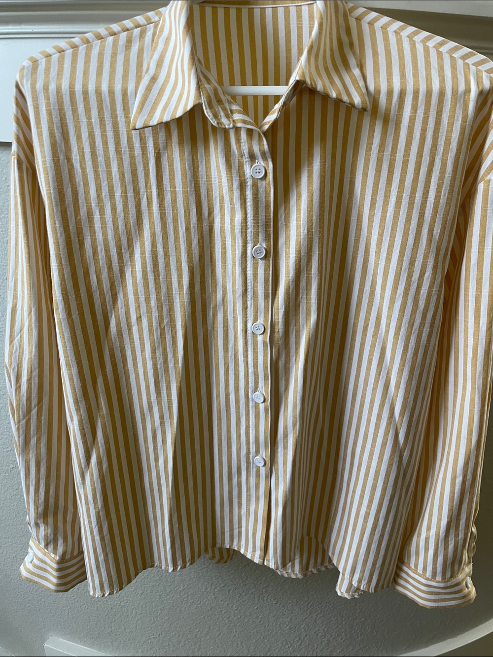 Womens Yellow & White Striped Button-Down Shirt